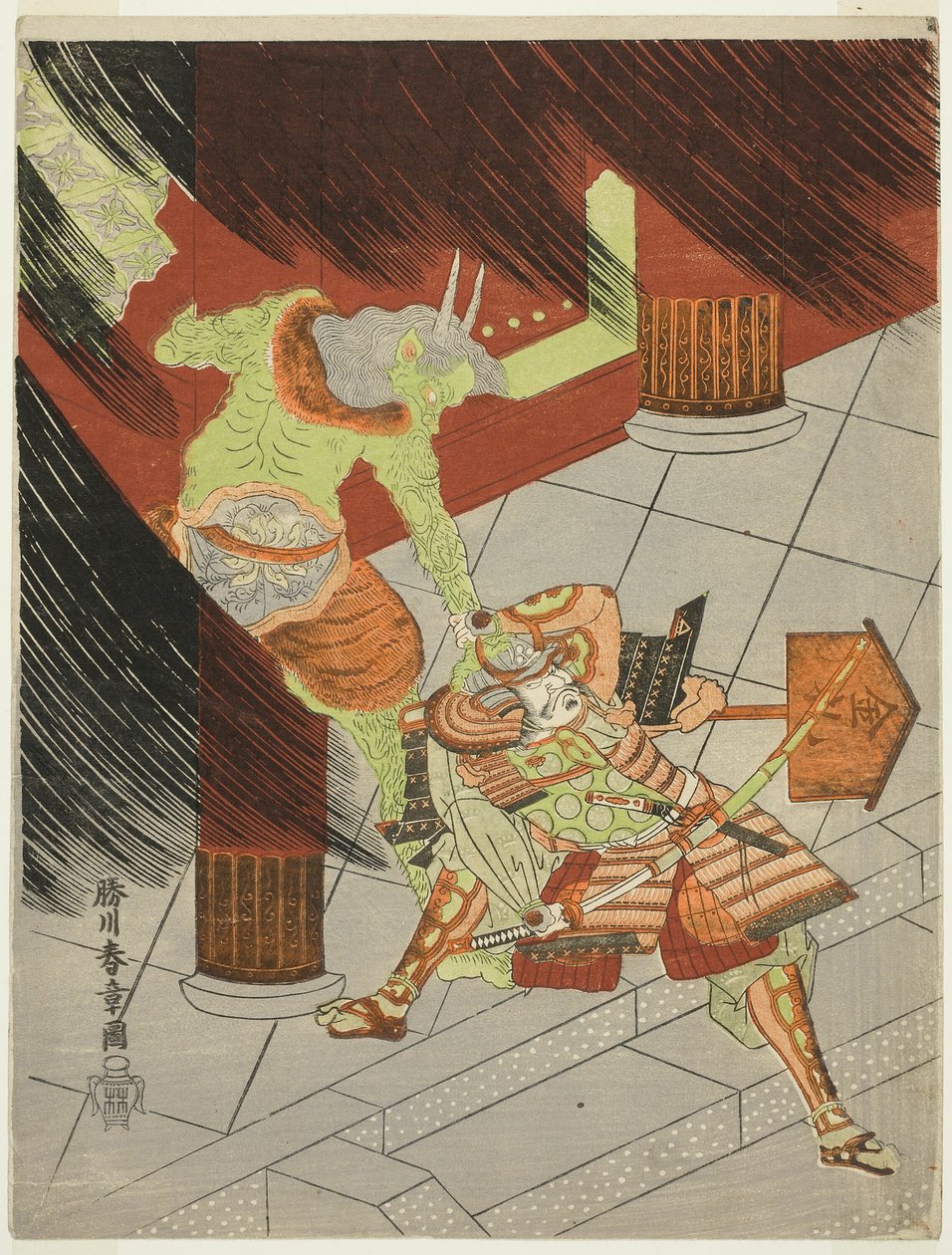 O guerreiro Watanabe no Tsuna lutando contra o demônio em Rashomon de Katsukawa Shunsho