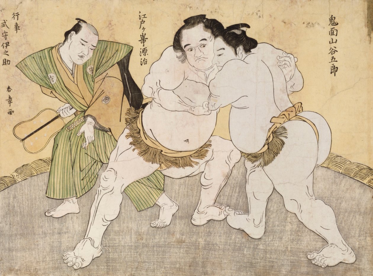 The Wrestling Match entre Kimenzan Tanigoro e Edogasaki Gemji (impressão em xilogravura colorida) de Katsukawa Shunsho