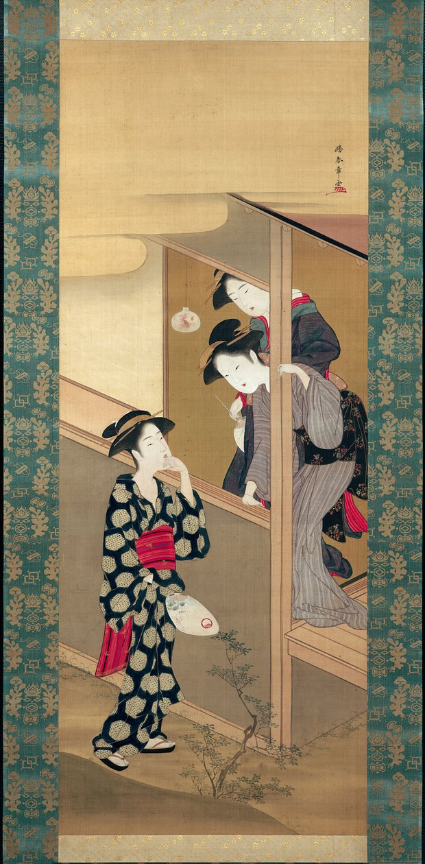 Três belezas conversando por uma varanda de Katsukawa Shunsho