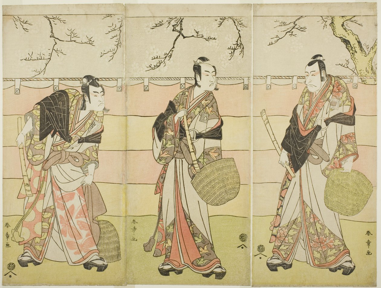 Três Komuso Monks: Os Atores Ichikawa Ebizo (Danjuro V) como Kudo Suketsune (direita), Ichikawa Monnosuke II como Soga no Juro Sukenari (centro), e Ichikawa Omezo I como Soga no Goro Tokimune (esquerda), no sexto ato da peça Waka Murasaki Edokko Soga (roxo de Katsukawa Shunsho