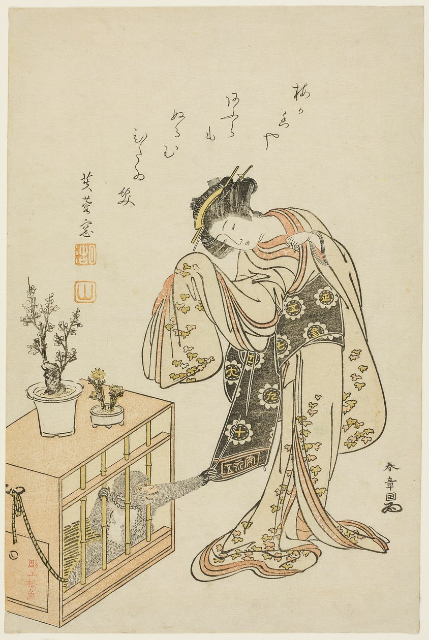 Jovem mulher com um macaco engaiolado (impressão de calendário para o ano novo de 1776) de Katsukawa Shunsho