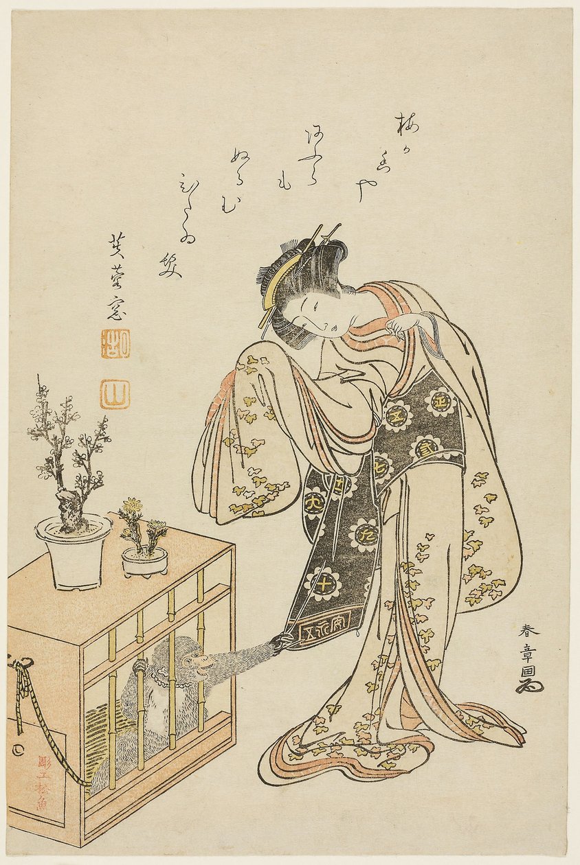 Mulher jovem com um macaco enjaulado (Calendário impresso para o ano novo de 1776) de Katsukawa Shunsho