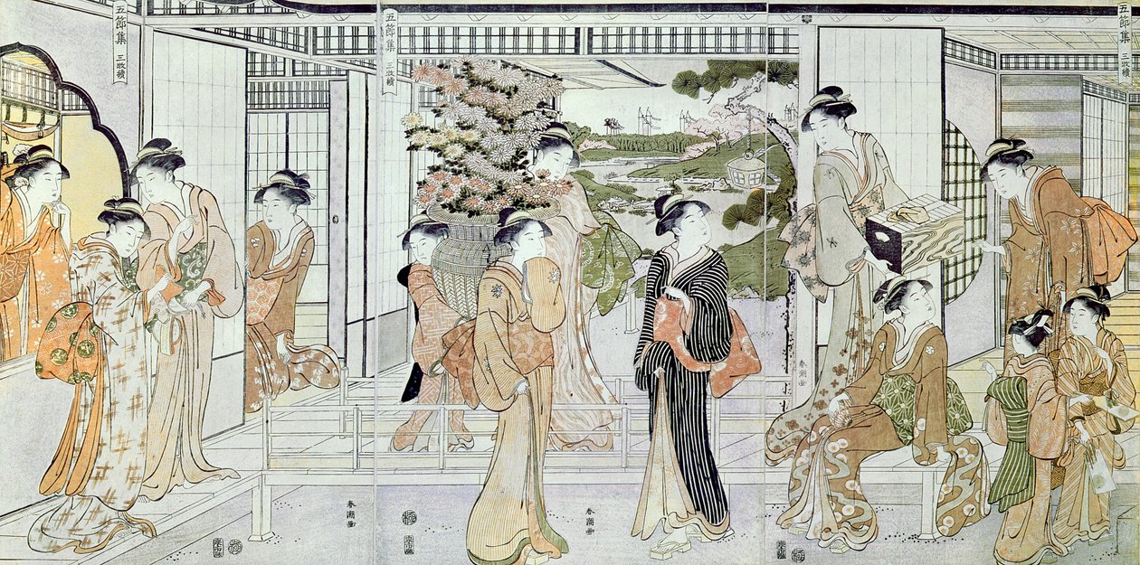 Jovens mulheres com um cesto de crisântemos (impressão a cores de bloco de madeira) de Katsukawa Shunsho