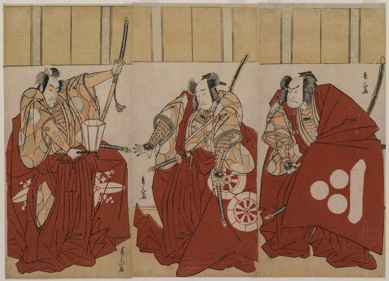 Ichikawa Monnosuke II como Urabe Suetake, Onoe Matsusuke I como Usui Sadamitsu e Nakamura Nakazo I como Watanabe no Tsuna em Os Quatro Reis Celestiais Trajados como a Ronda Noturna de Katsukawa Shunzan