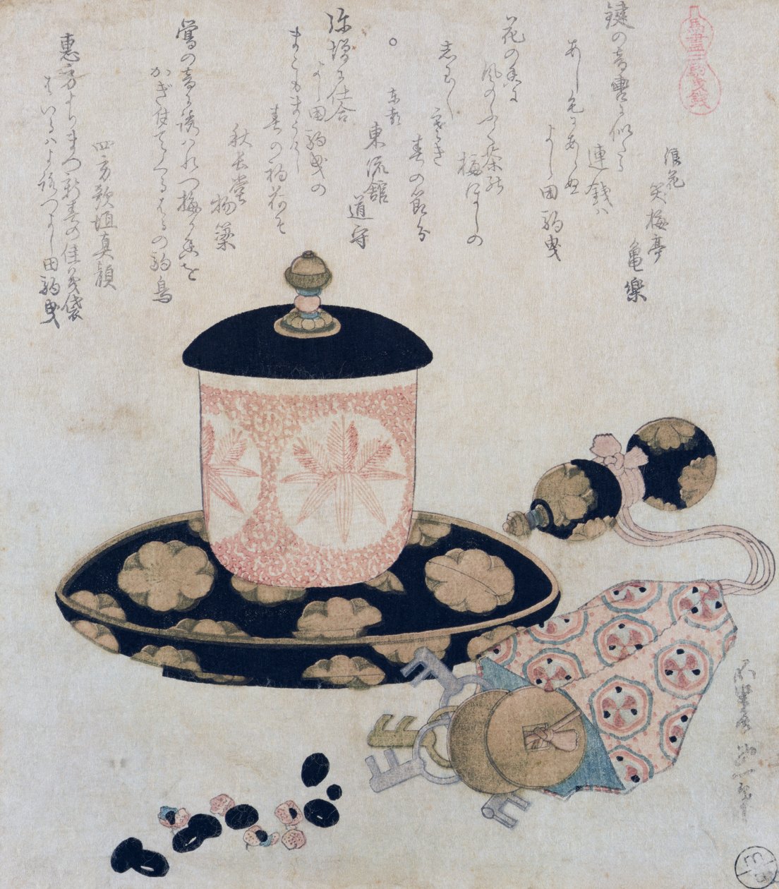 Um pote de chá e chaves, 1822 (impressão de woodblock de cor) de Katsushika Hokusai