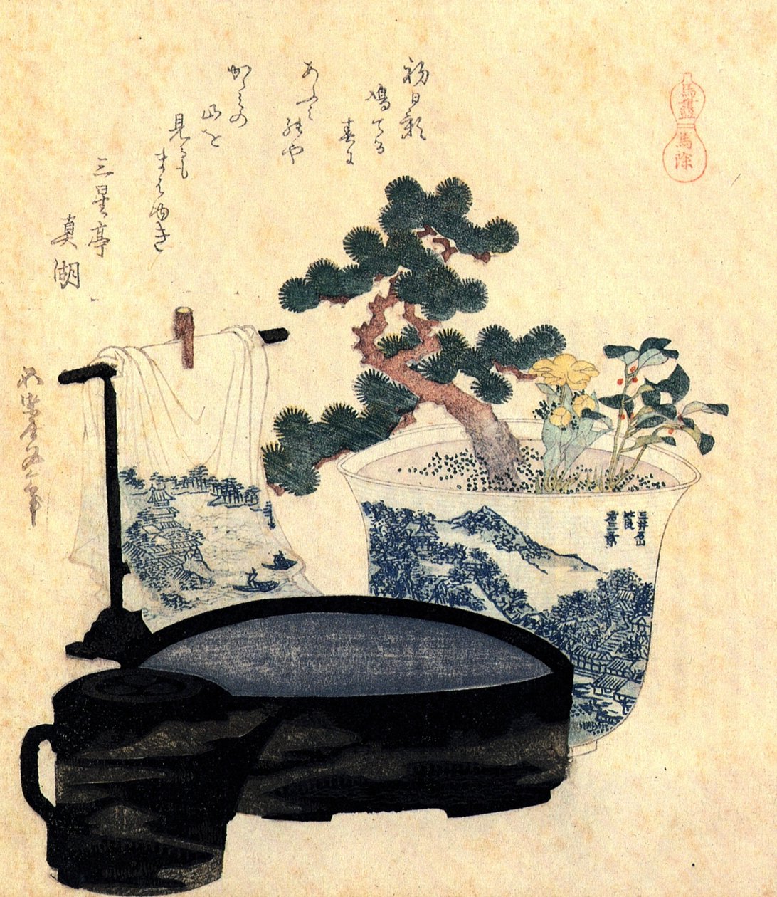 Um lavatório e jarro lacado de Katsushika Hokusai