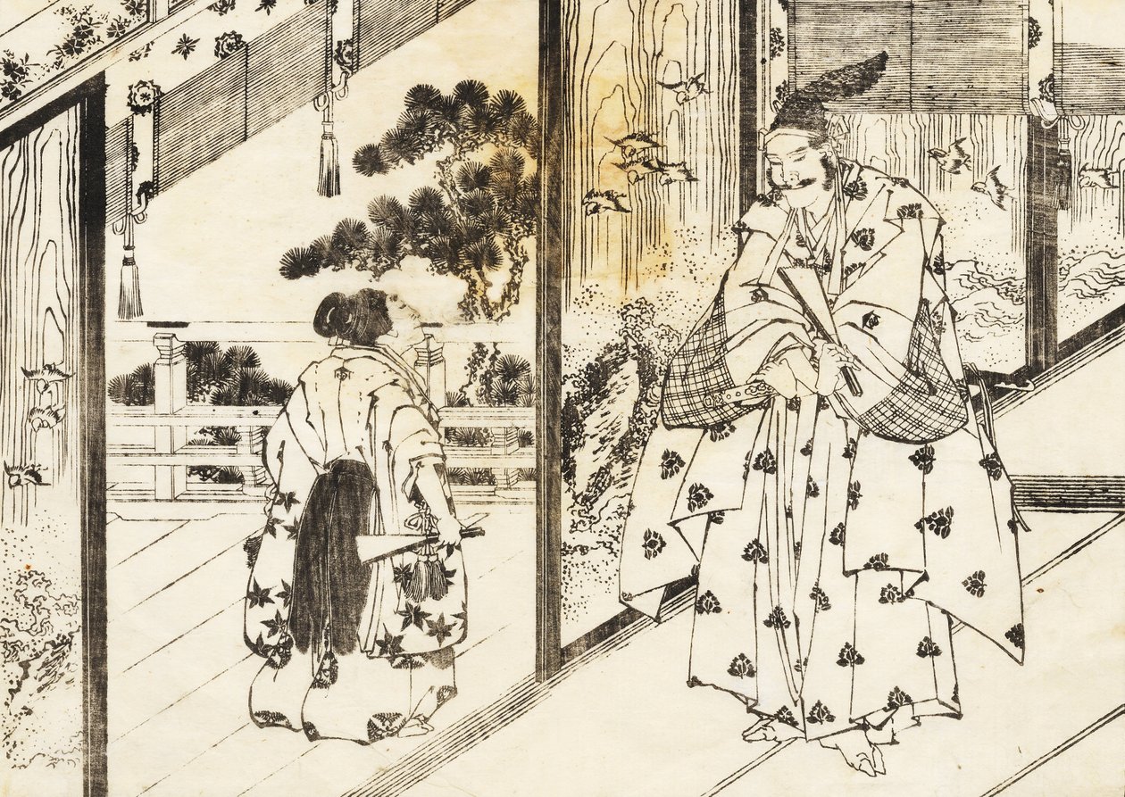 Um menino bem educado presta respeito a um homem mais velho de Katsushika Hokusai