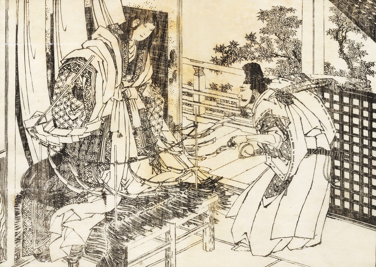 Uma mulher no santuário xintoísta tem uma vara com um monte de folhas de papel de Katsushika Hokusai