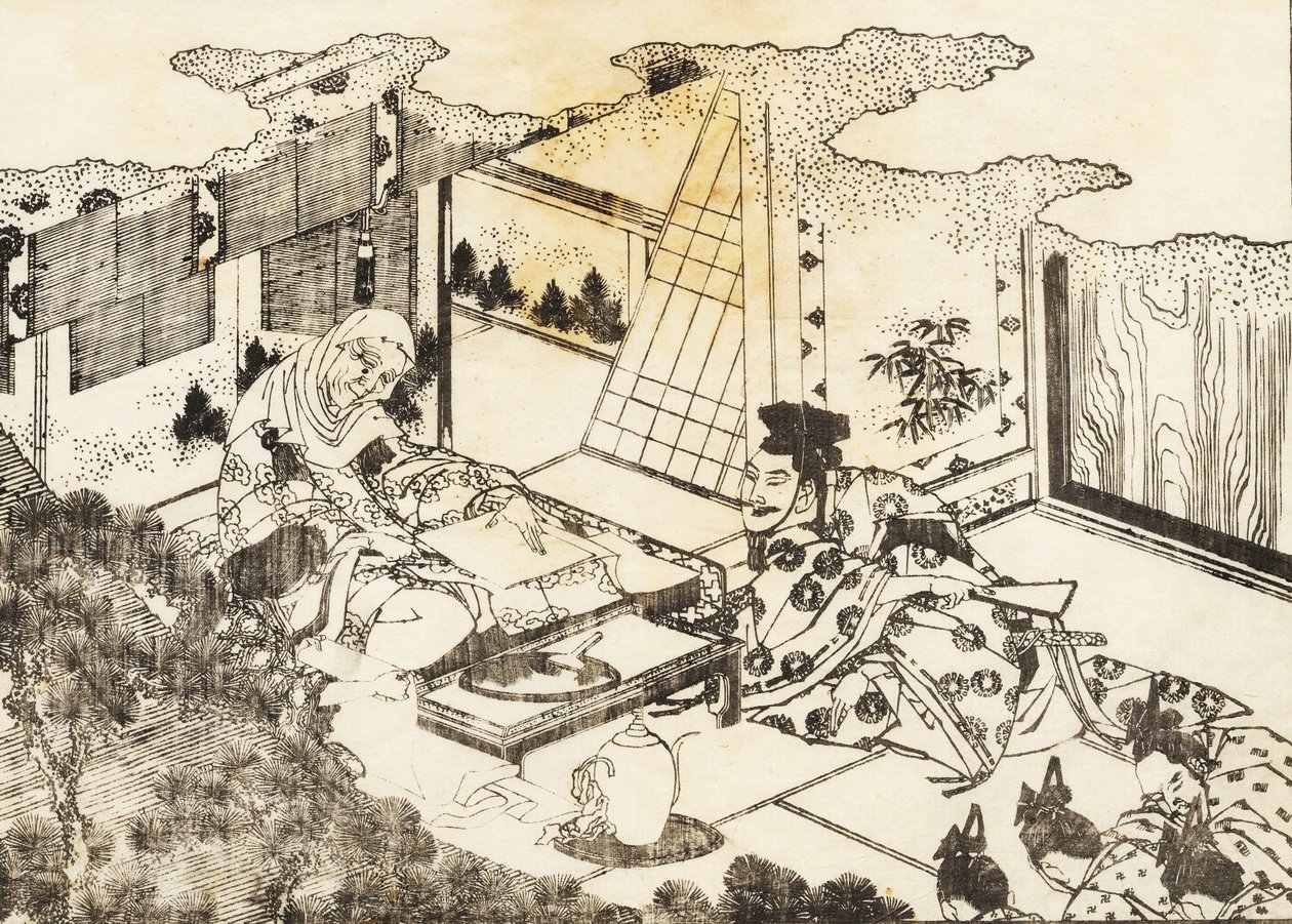 Uma mulher idosa, talvez freira budista, senta e uma jovem lê algo para ela de Katsushika Hokusai