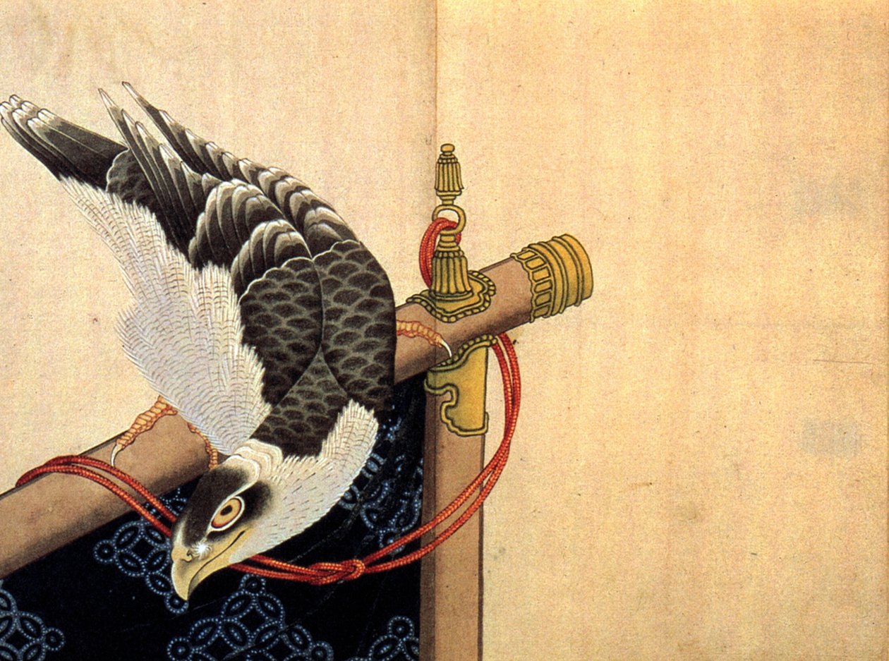 Falcão em um posto cerimonial de Katsushika Hokusai
