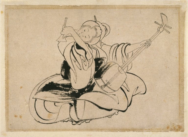 Mulher sentada com shamisen de Katsushika Hokusai