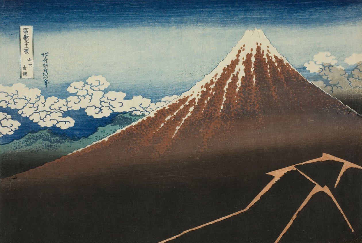 Chuveiro Abaixo da Cimeira (Sanka hakuu), da série Trinta e seis vistas do Monte Fuji (Fugaku sanjur ... de Katsushika Hokusai