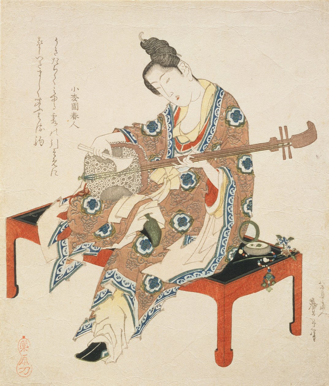 Beleza chinesa que joga o Shamisen, c.1833-34 (impressão do woodblock) de Katsushika II Taito