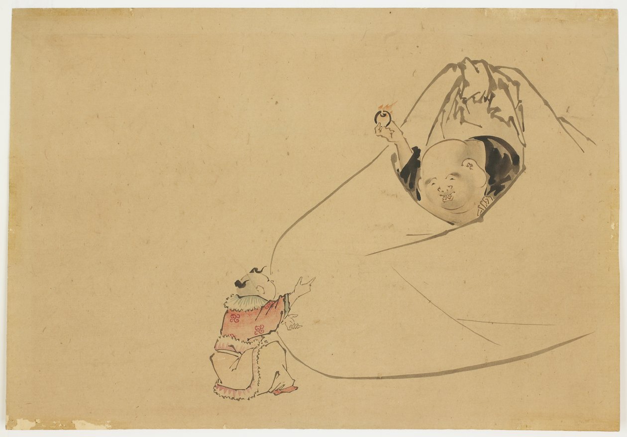 Hotei oferece joia flamejante a um menino, c.1850 (tinta e cor no papel) de Katsushika (school of) Hokusai