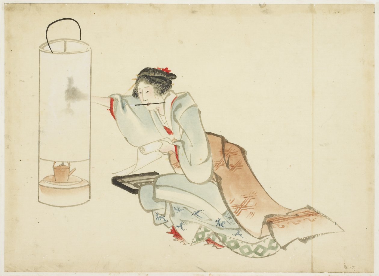 Lady Adjusting a Lamp, c.1815-1849 (tinta e cor no papel) de Katsushika (school of) Hokusai