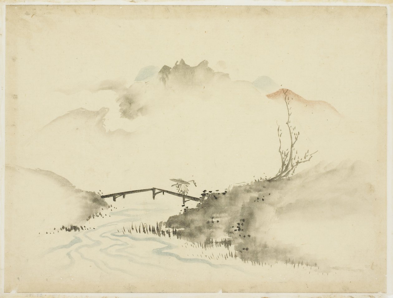 Paisagem com Farmer Crossing Bridge, 1615-1868 (tinta e cor no papel) de Katsushika (school of) Hokusai