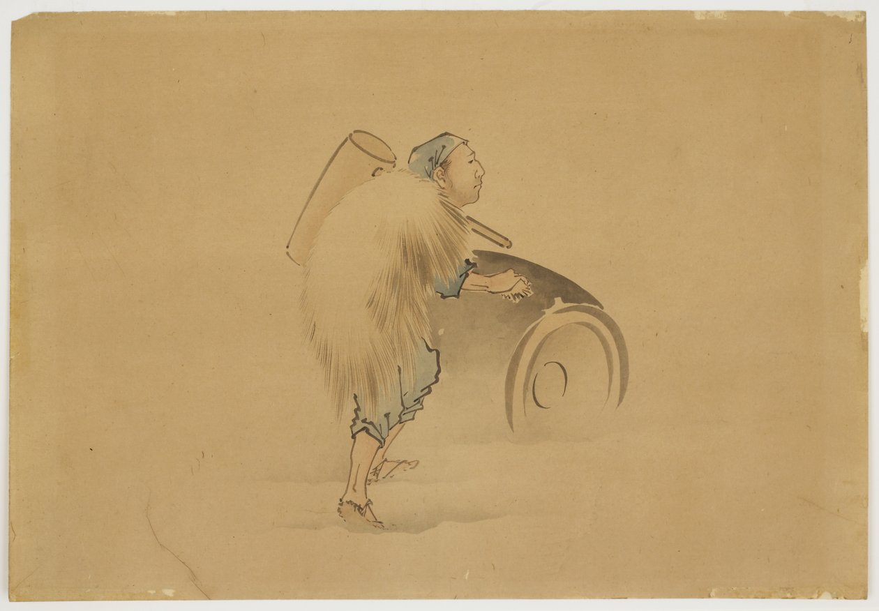 Homem com Tambor de Rolamento de Marreta, c.1850 (tinta e cor no papel) de Katsushika (school of) Hokusai