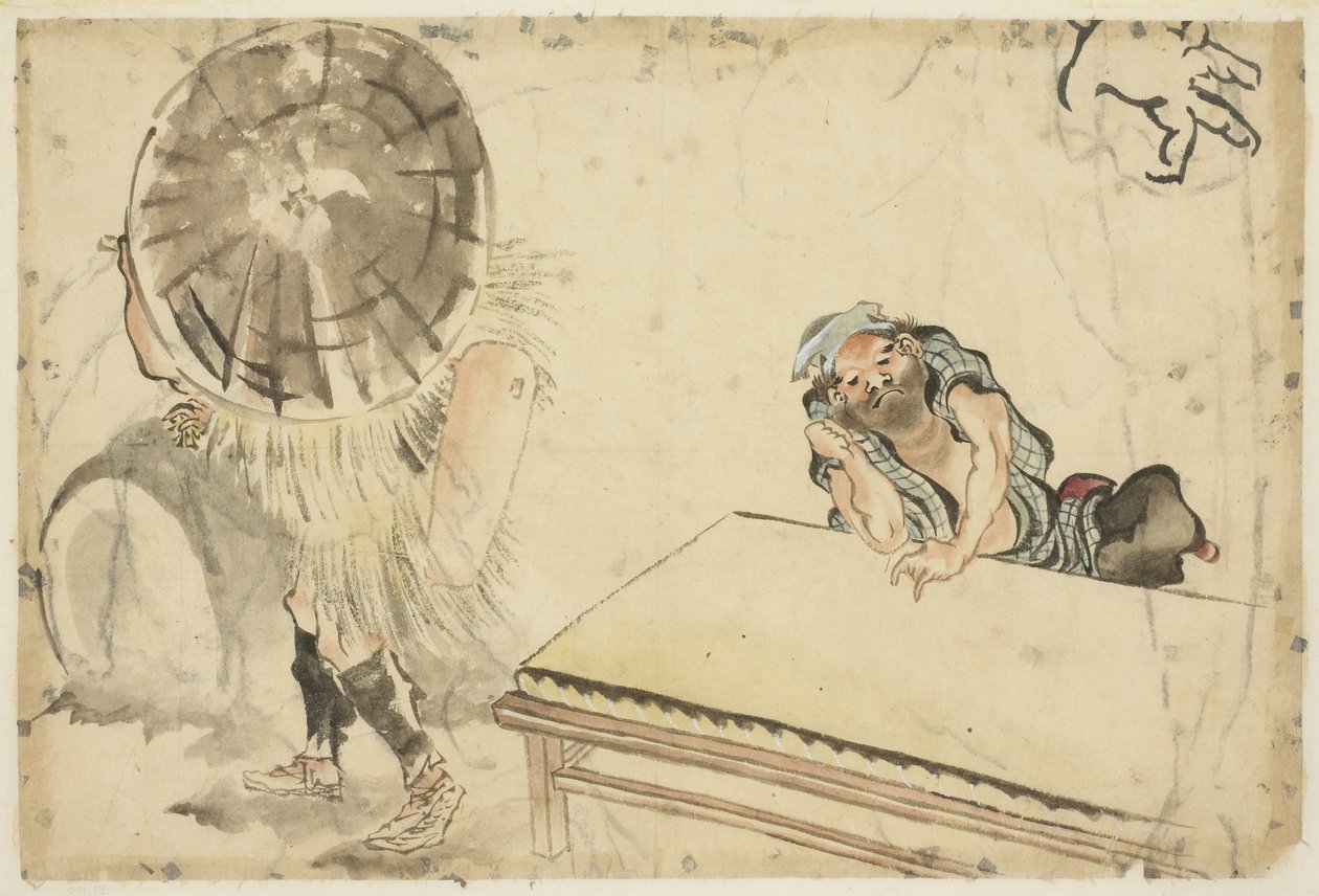 Mochi Maker and a Tatami Maker (dois esboços), c.1815-1849 (tinta e cor no papel) de Katsushika (school of) Hokusai