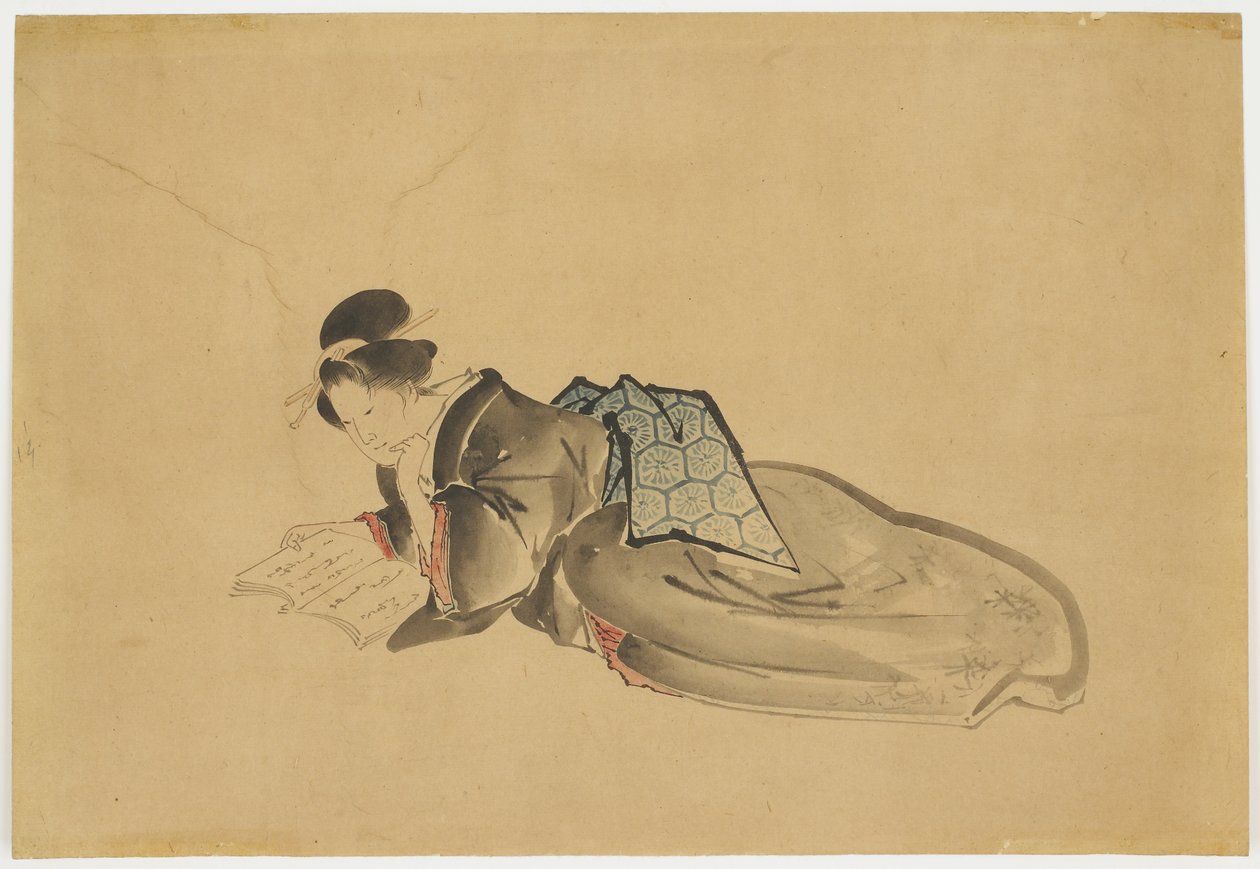 Leitura de cortesã reclinada, c.1850 (tinta e cor no papel) de Katsushika (school of) Hokusai