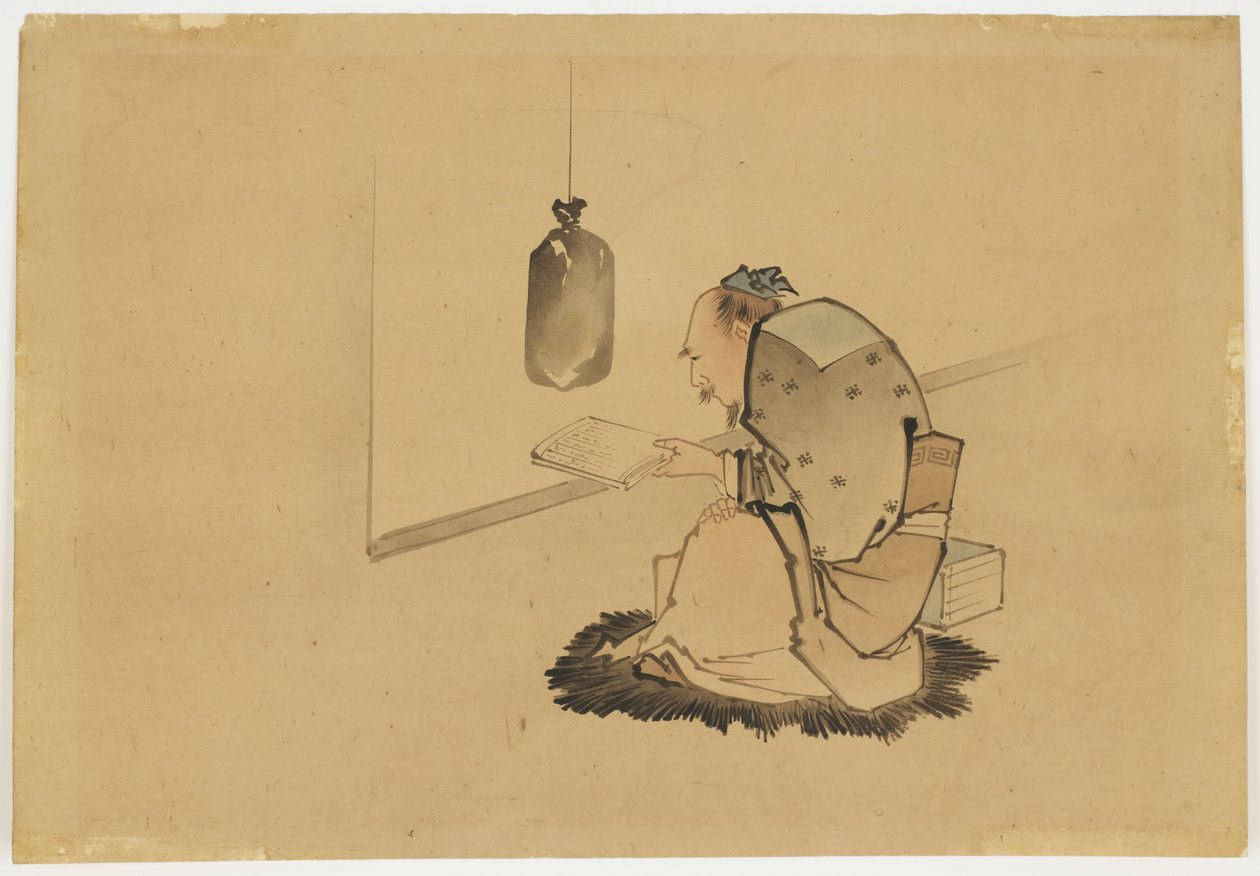 Scholar Reading at a Window, c.1850 (tinta e cor no papel) de Katsushika (school of) Hokusai