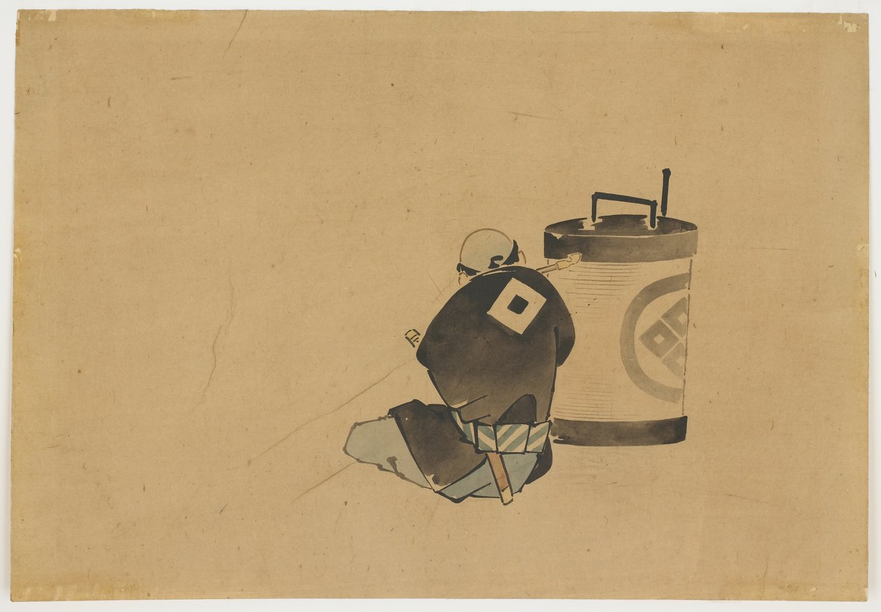 Atendente sentado fumando sob uma lâmpada, ca. 1850 (tinta e cor no papel) de Katsushika (school of) Hokusai