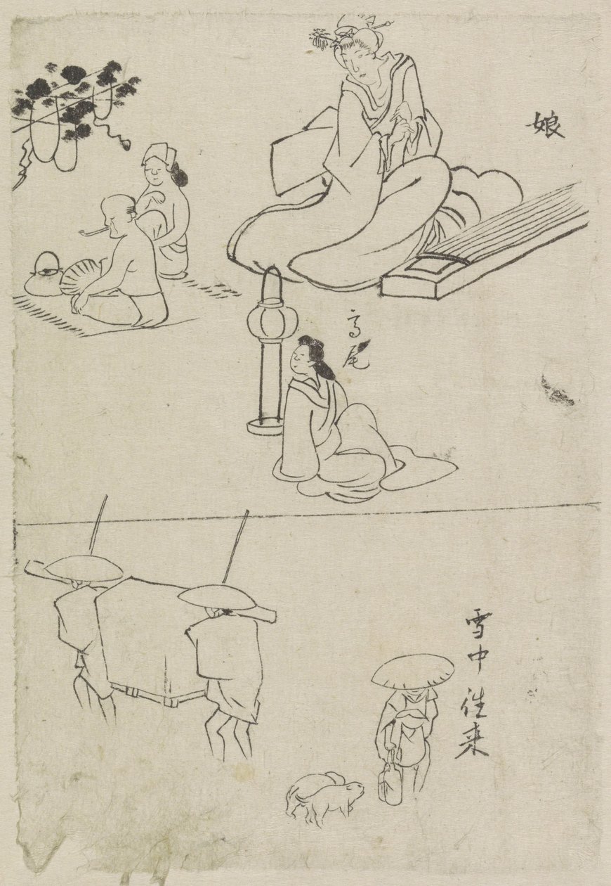Várias representações, incluindo de uma senhora com um koto, uma senhora sentada e dois homens de After Katsushika Hokusai