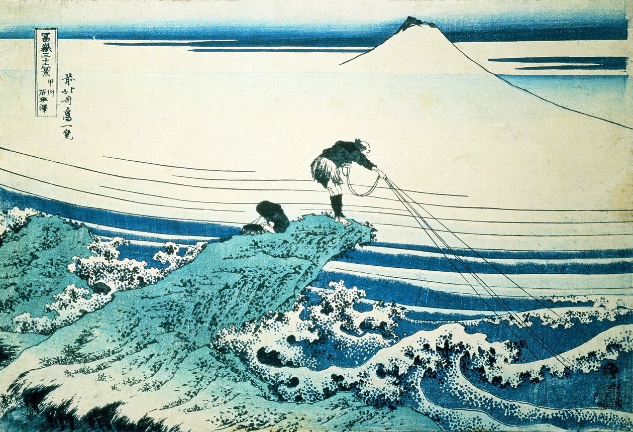 "Um pescador em pé em um promontório rochoso em Kajikazawa, na província de Kai", da série "36 Vistas do Monte Fuji", pub. c.1830-31, de Katsushika Hokusai
