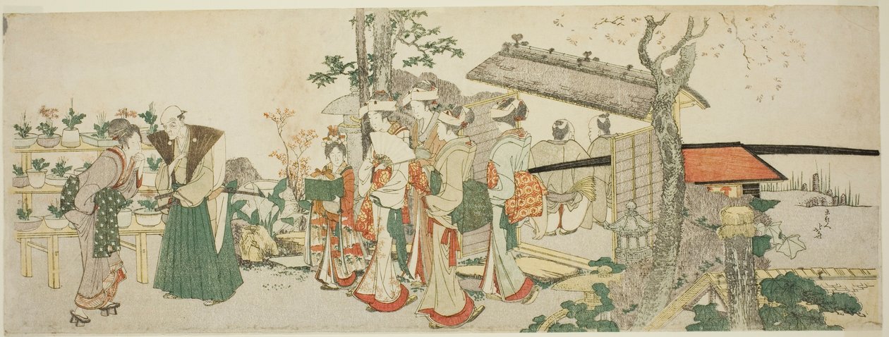 Um grupo de moças entrando no jardim de um horticultor de Katsushika Hokusai