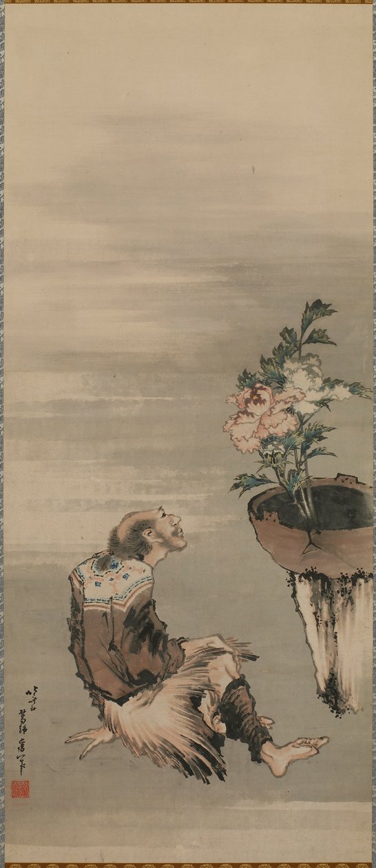 Um homem sentado olhando peônias em vasos, final do século 18 e início do século 19. de Katsushika Hokusai