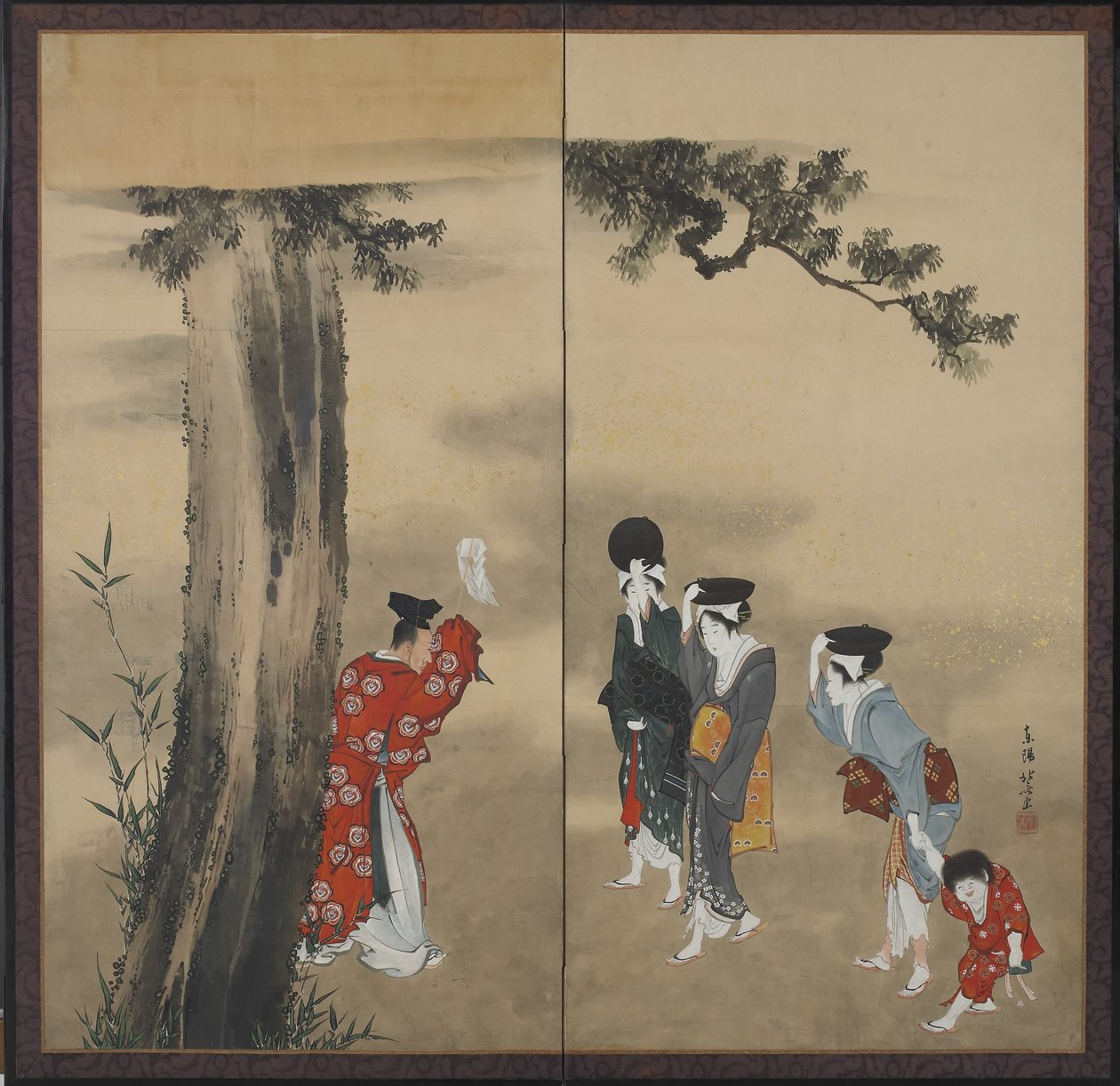 Um sacerdote xintoísta, três mulheres e uma criança de Katsushika Hokusai
