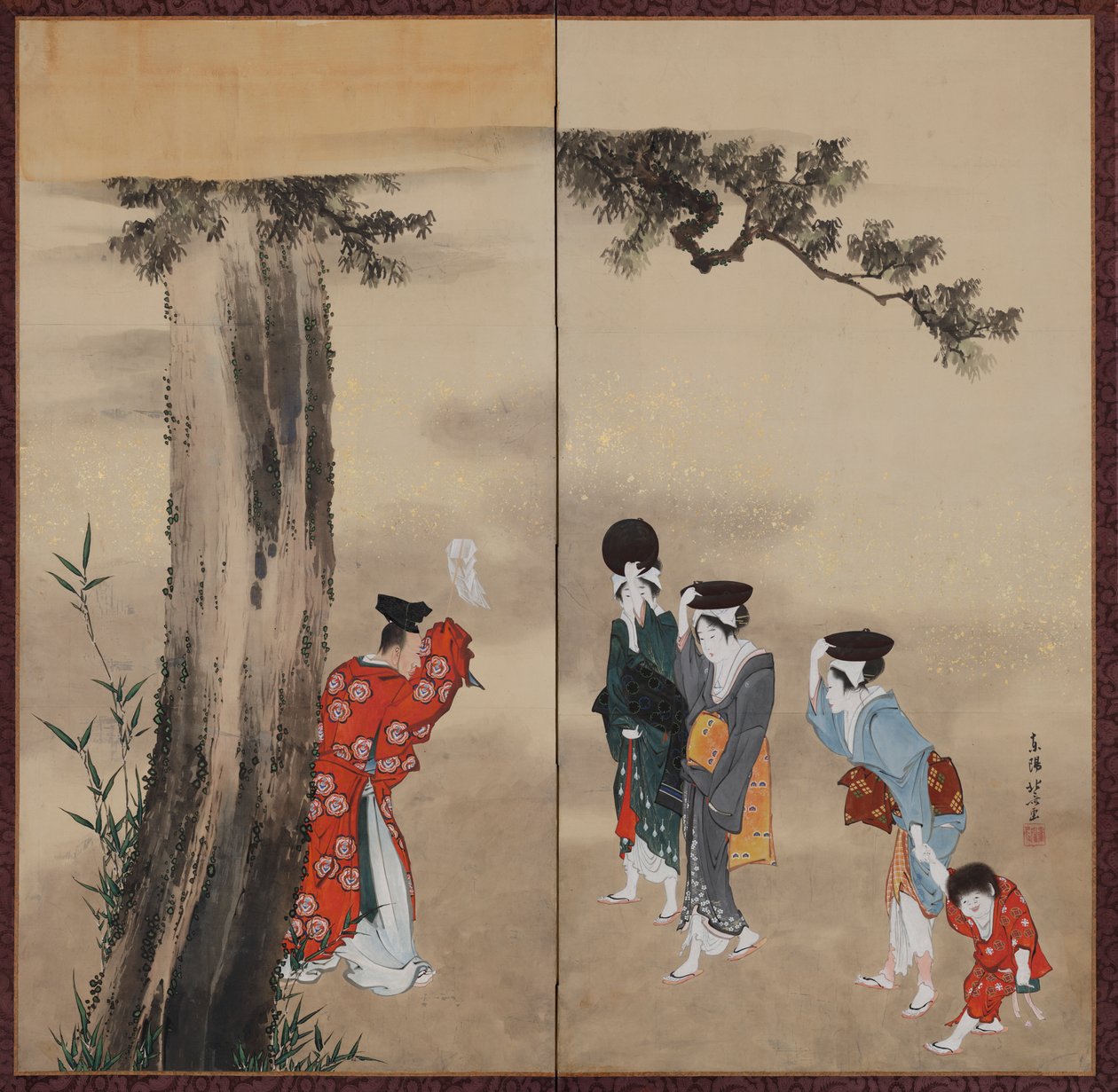 Um sacerdote xintoísta, três mulheres e uma criança, período Edo, ca. 1799-1801. de Katsushika Hokusai