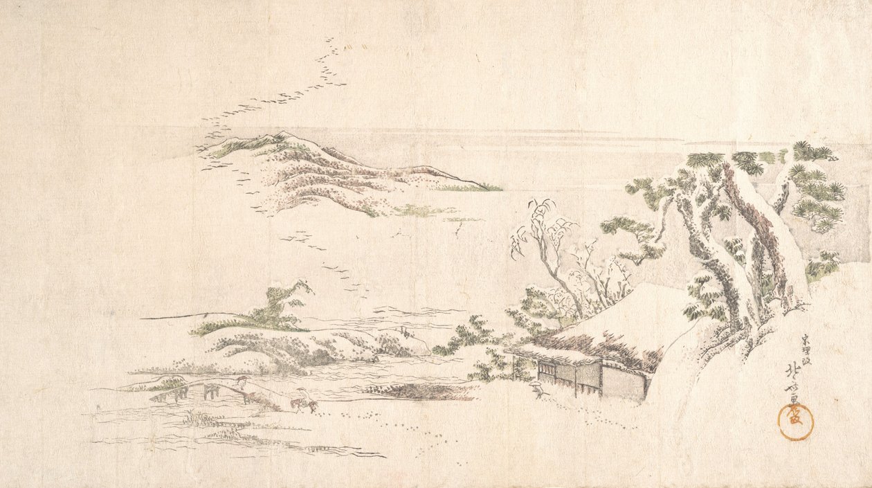 Uma paisagem coberta de neve com nuvens cinzentas, ca. 1800. de Katsushika Hokusai
