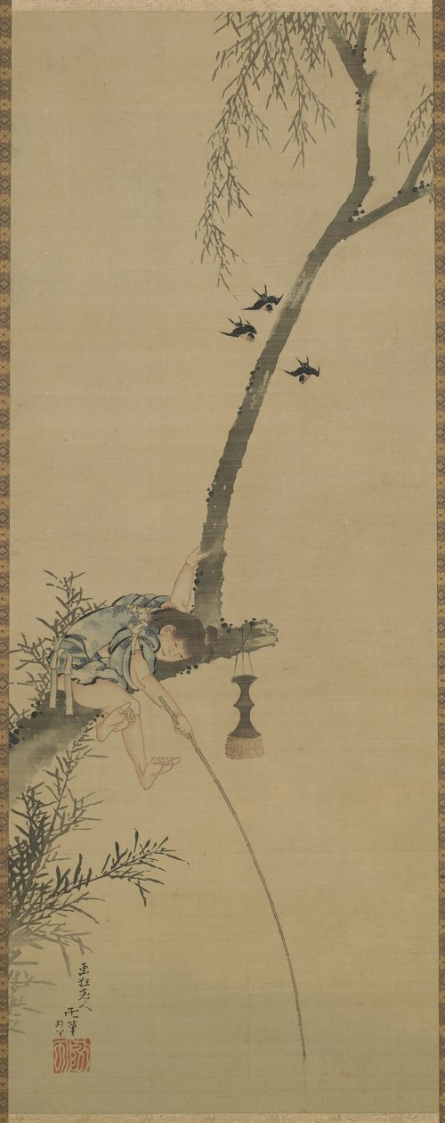 Um menino pescando do galho de uma árvore, período Edo (tinta e tonalidade no painel de seda) de Katsushika Hokusai