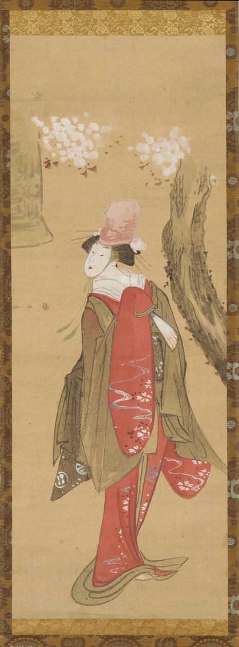 Uma dançarina, Kiyohime, uma cerejeira e o sino do Dojo-ji, final do século XVIII e início do século XIX. de Katsushika Hokusai
