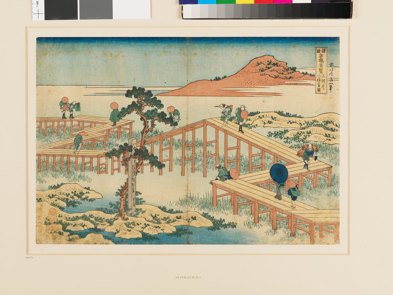 Vista antiga da ponte de oito partes em Mikawa de Katsushika Hokusai
