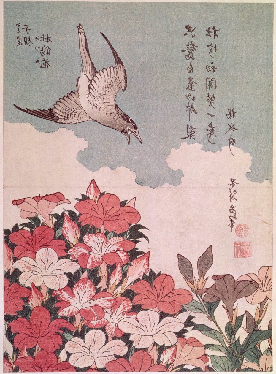 Azaléias e cuco, publicado pela Eijudo, c.1830 (impressão em xilogravura colorida) de Katsushika Hokusai