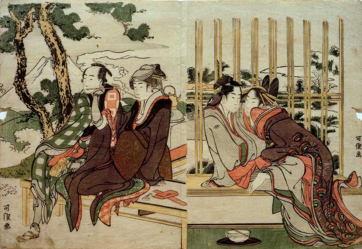 Azuma e Yogoro na neve velha. Koman e Yosaku por do sol de Katsushika Hokusai