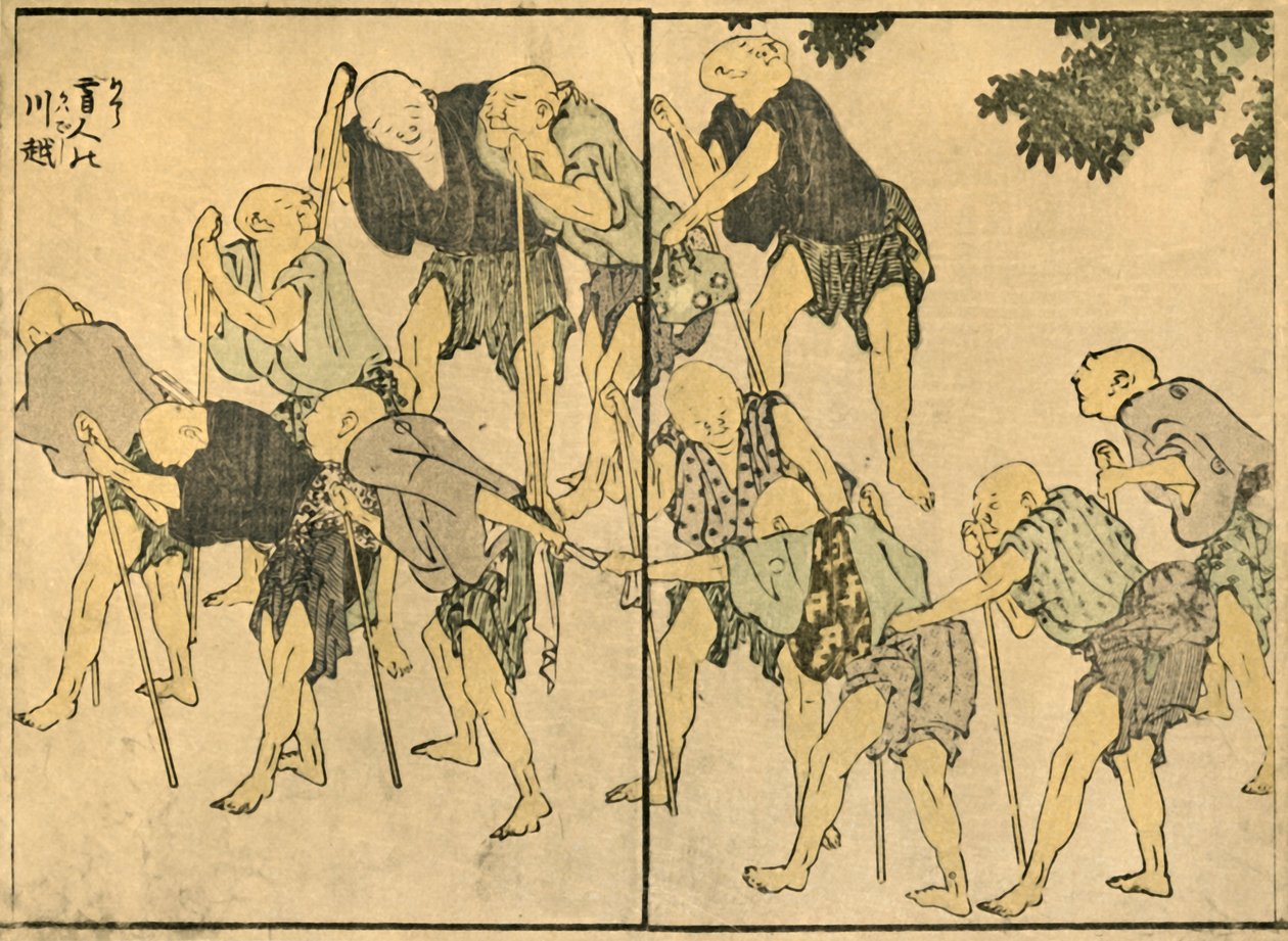 Homens idosos descalços com bengalas, 1820, 1924. de Katsushika Hokusai