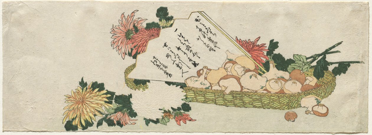 Cesta com ventilador, crisântemos e cogumelos, início do século XIX. de Katsushika Hokusai