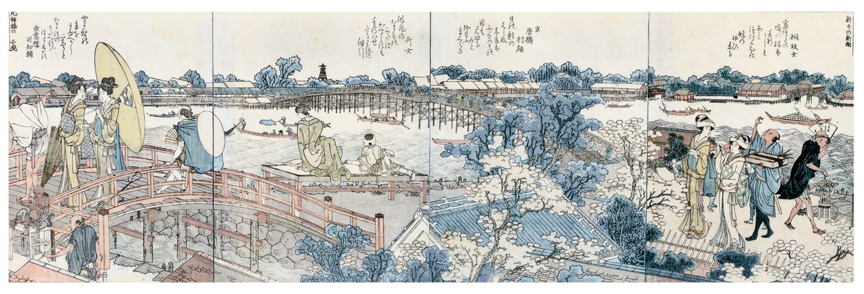 Bookplates de cenas da paisagem do Ehon Sumidagawa Ryogan Ichiran de Katsushika Hokusai
