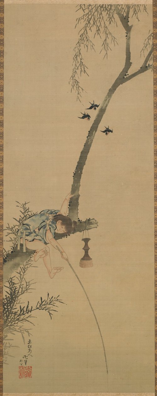 Menino pescando no galho de uma árvore, período Edo, 1839. de Katsushika Hokusai