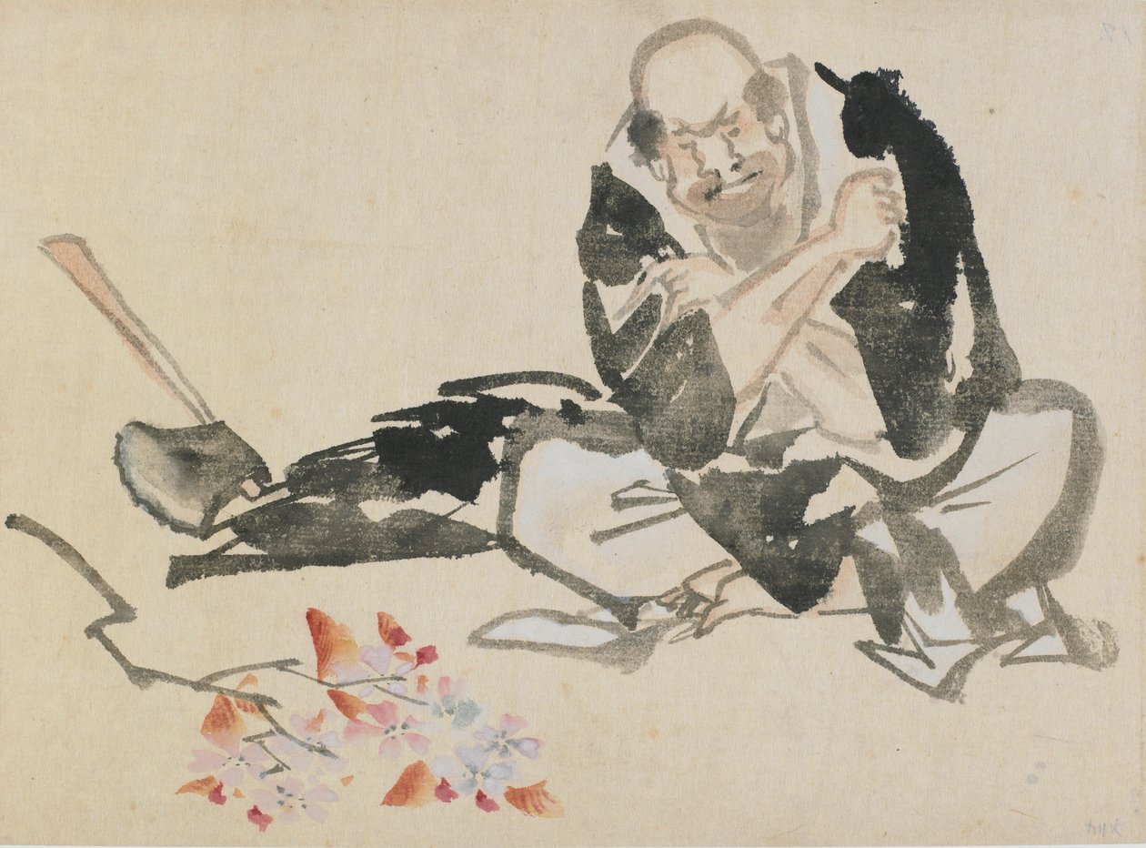 Alegoria budista de um padre queimando galhos de cerejeira, final do século 18 e início do século 19. de Katsushika Hokusai