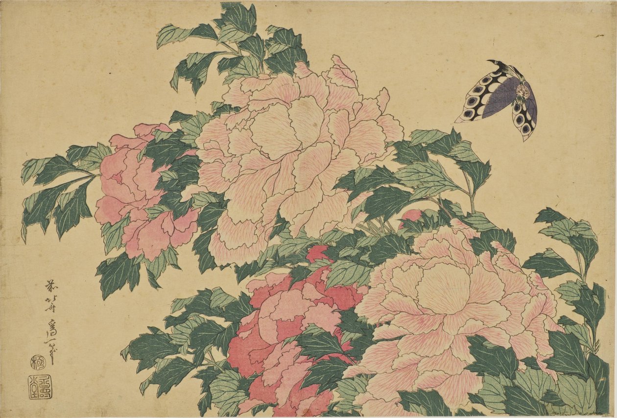 Borboletas e peónias de Katsushika Hokusai