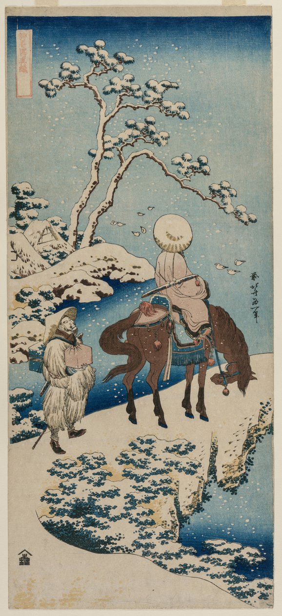 Oficial chinês pausando em uma ponte para ver a neve (da série A True Mirror of Chinese and Japanese Verse) de Katsushika Hokusai