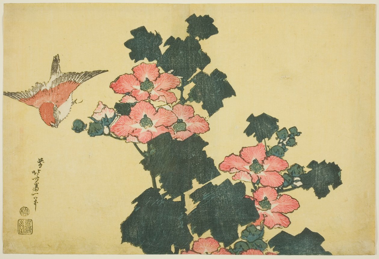Cotton Roses and Sparrow, de uma série sem título de Large Flowers de Katsushika Hokusai