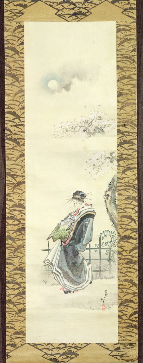 Cortesão fora para uma caminhada (caneta e tinta com a lavagem no papel) de Katsushika Hokusai