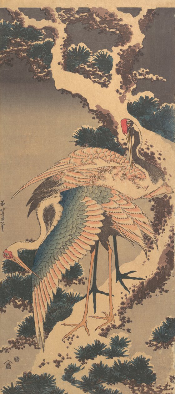 Guindastes em galho de pinheiro coberto de neve, final da década de 1820. de Katsushika Hokusai