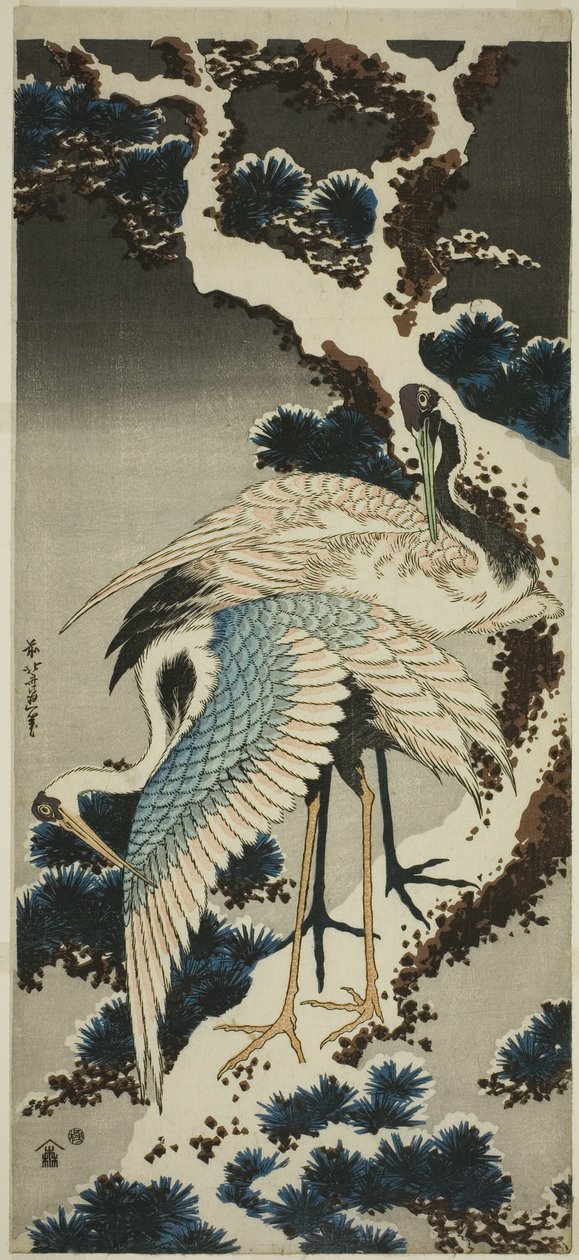 Guindastes em pinheiros cobertos de neve de Katsushika Hokusai