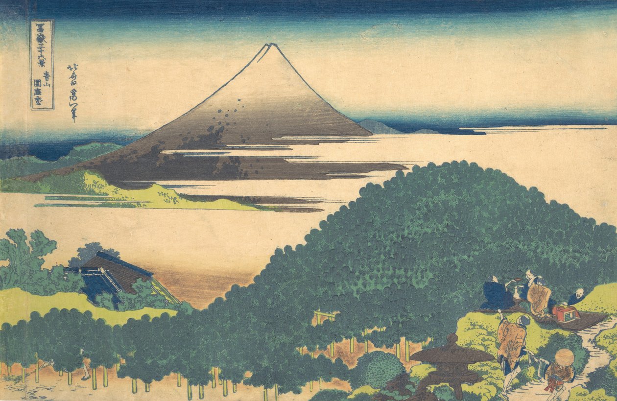 Almofada Pine em Aoyama Aoyama enza no matsu, da série Trinta e seis vistas de ..., ca. 1830-32. de Katsushika Hokusai