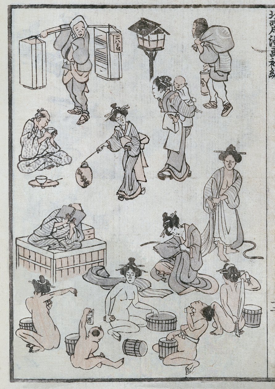 Gestos de vida diária, de um mangá (impressão em xilogravura colorida) de Katsushika Hokusai